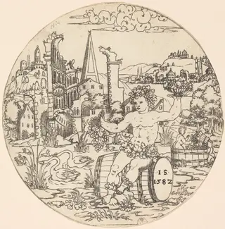 Bacchus Seated on a Barrel and Holding Grapes, by Jonas Silber, ink, 1582