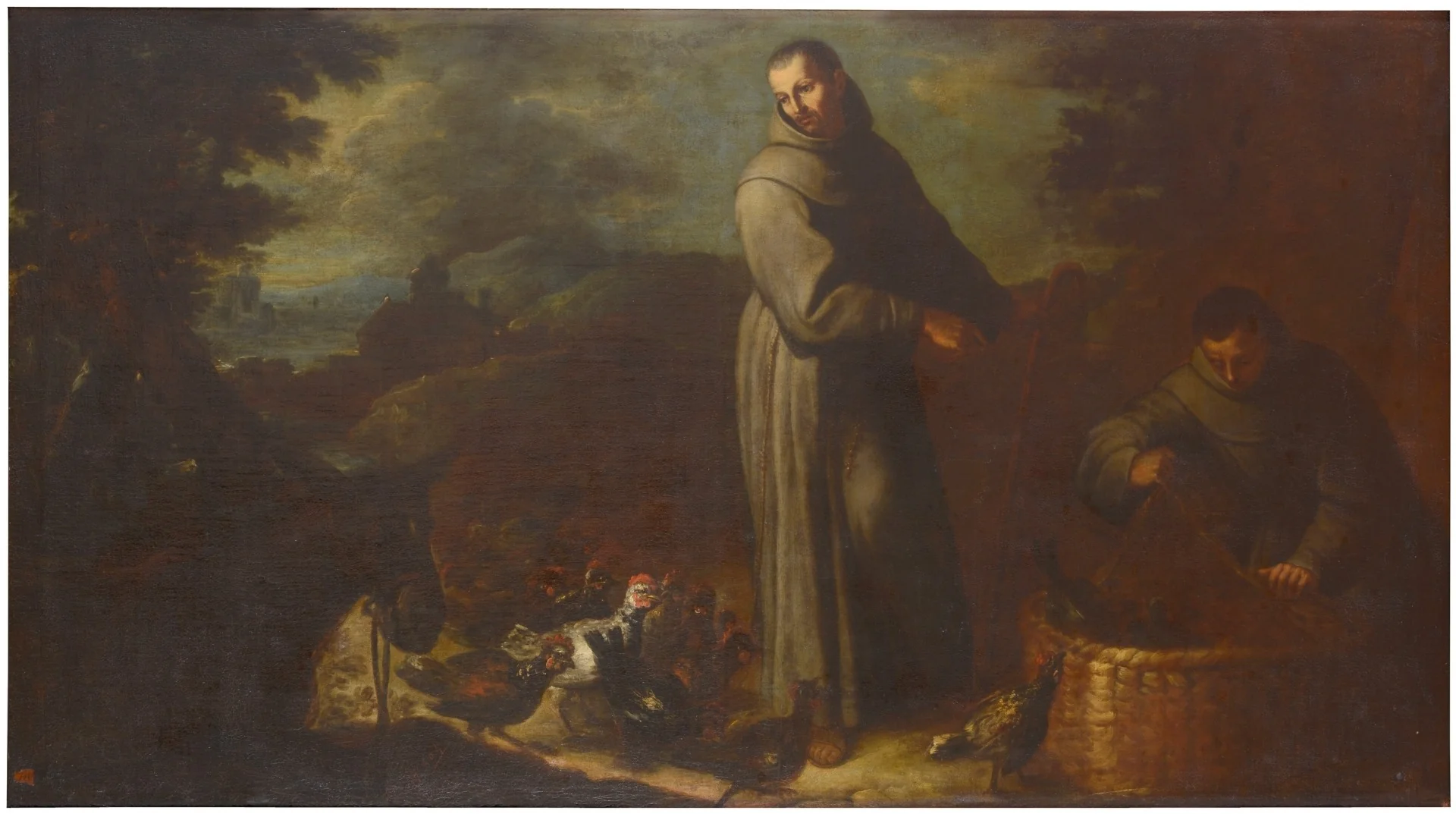 Escena de la vida de San Diego (San Diego y un fraile sacando pollos de un cesto), detail