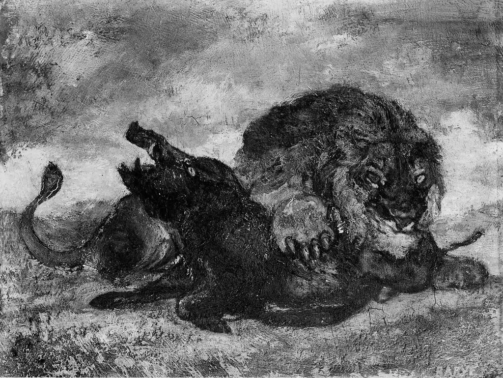 Lion and Boar, by Antoine-Louis Barye, oil, 1845