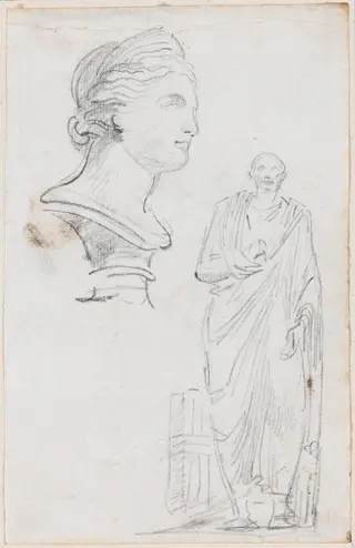 Bust of a Roman Woman and Statue of a Roman Man, by Hubert Robert, chalk, 1760