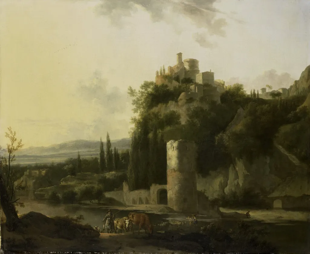 Italina landscape with round tower, by Frederik de Moucheron, oil, 1667