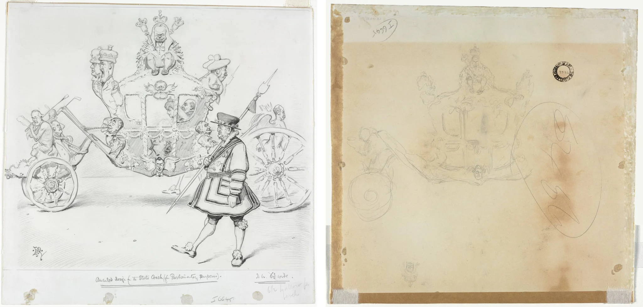 The Stagecoach for Parliamentary Purposes (recto) Study for Cab and Front Left Wheel of Coach and Study for Head of Crowned Figure Seated on Top of Coach (verso), detail