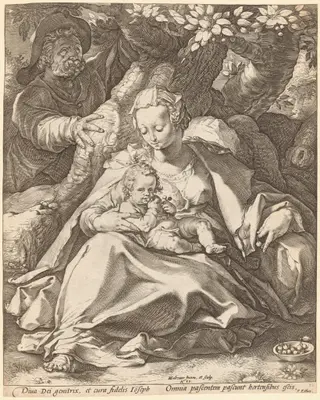 The Holy Family under a Cherry Tree, by Hendrick Goltzius, ink, 1589