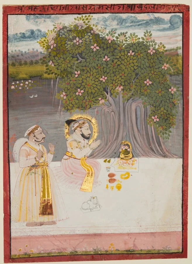 Maharana Sangram Singh II (r. 1710–34) Worshipping a Linga Under a Banyan Tree, detail