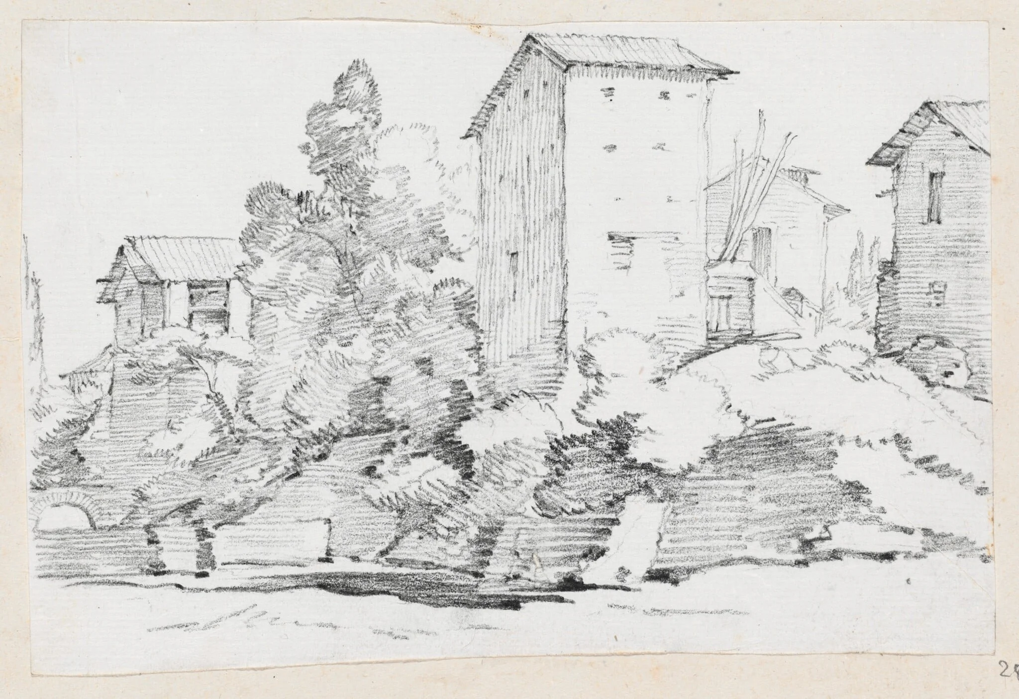 Italian Farm Buildings by a Stream, detail