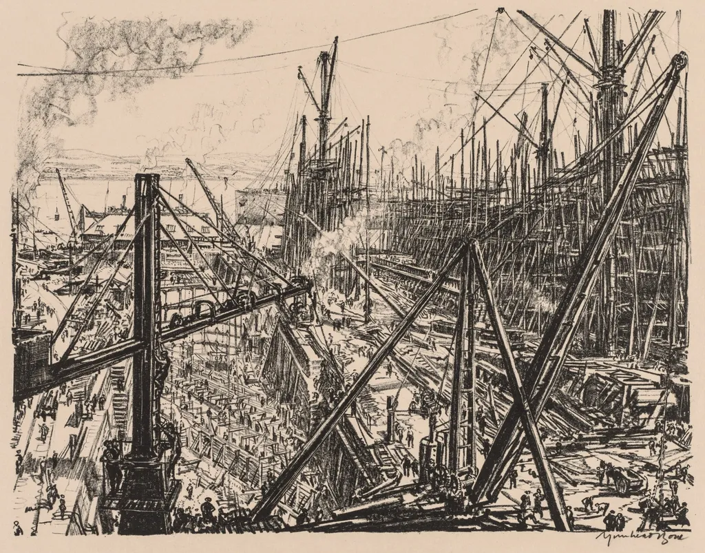On the Clyde, 1917-1918:  Reconstructing a Clyde Shipyard, by Muirhead Bone, 1918