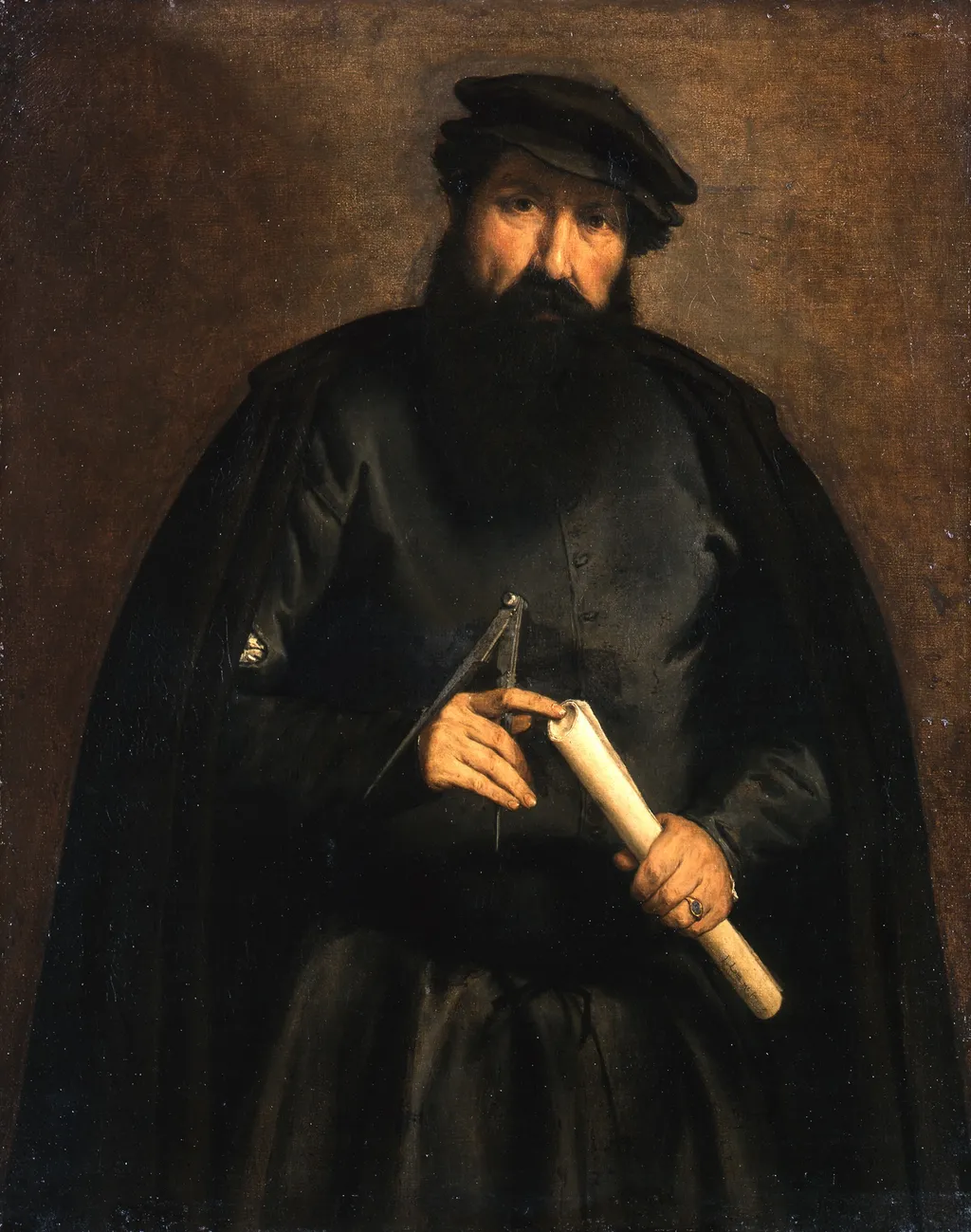 Portrait of an man with circle and paper roll, by Lorenzo Lotto, oil, 1535