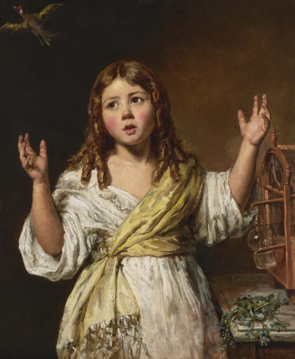 The Escape : A Young Girl with a Bird Cage, by Emma Soyer, oil, 1836