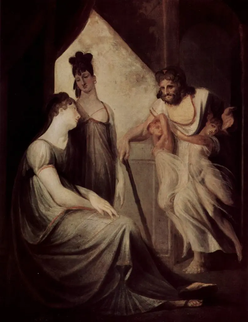 Thetis bittet Hephaistos, für ihren Sohn Achilleus eine Rüstung zu schmieden, by Henry Fuseli, oil, 1803