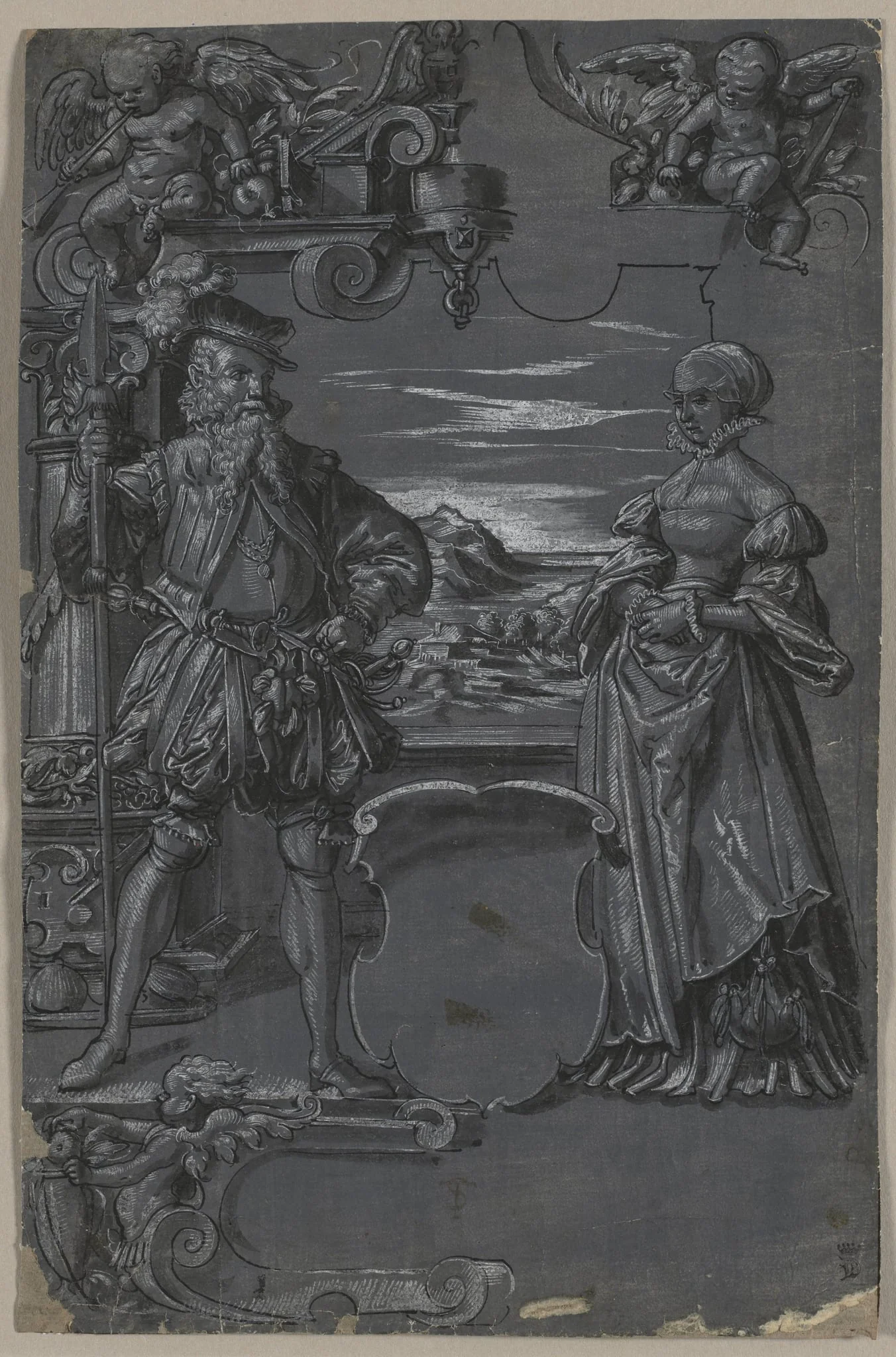 Design for Glass Painting: Man and Woman in Architectural Setting, detail