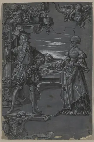 Design for Glass Painting: Man and Woman in Architectural Setting, by Tobias Stimmer, 1504