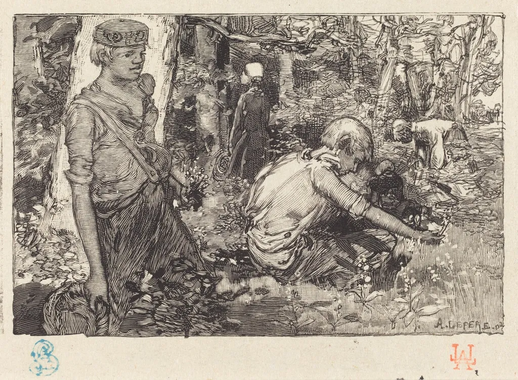 Gathering of May-lily (La cueillette du muguet), by Auguste Louis Lepère, ink, 1908