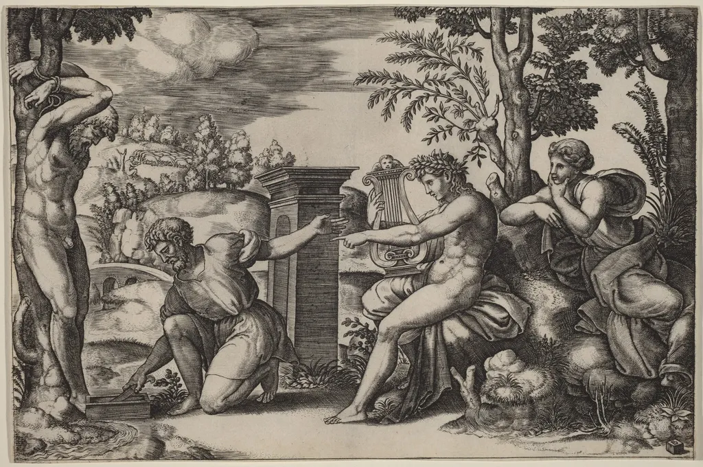 Apollo and Marsyas, by Master of the Die, ink, 1534