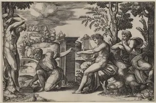 Apollo and Marsyas, by Master of the Die, ink, 1534