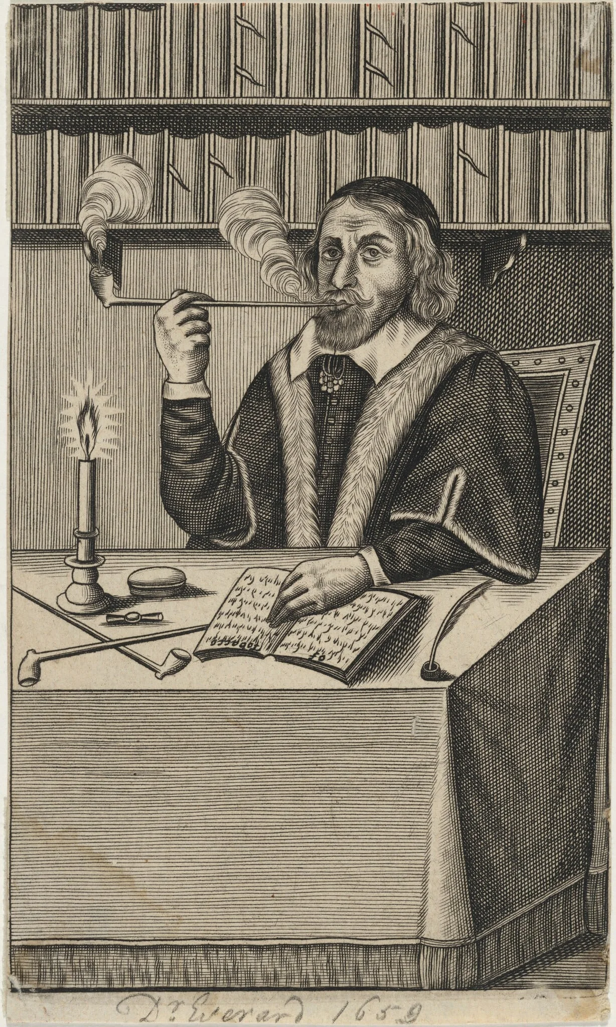 Dr. Giles Everard Seated at a Table Smoking aPipe, detail