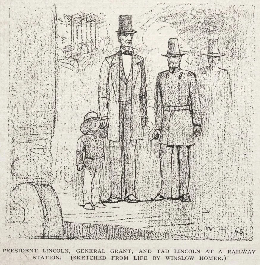 President Lincoln, General Grant, and Tad Lincoln at a Railway Station, detail