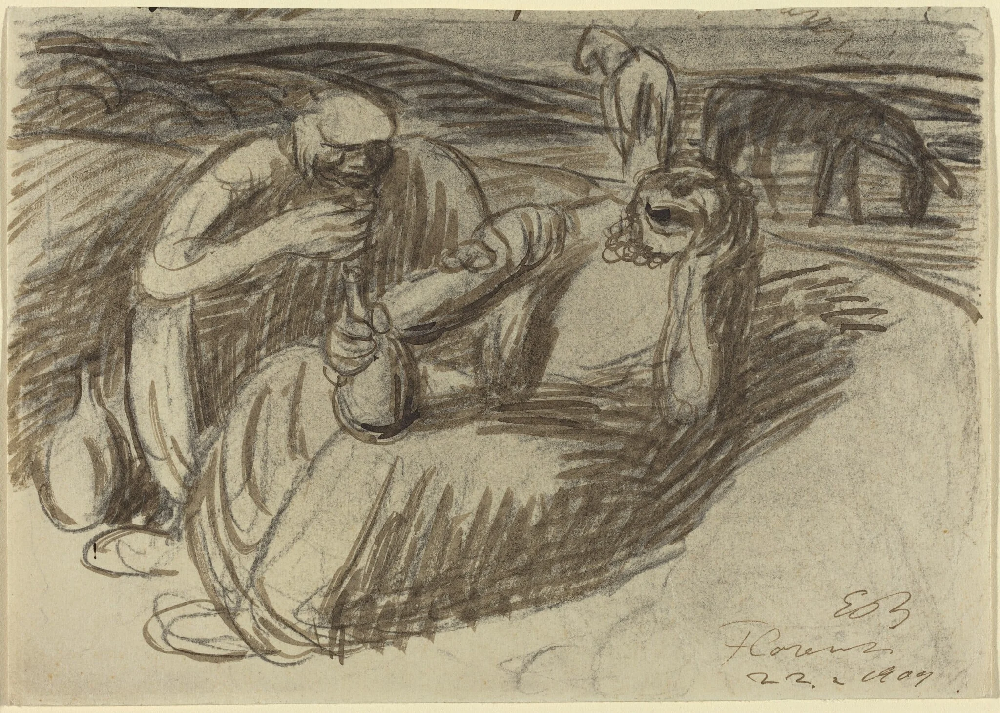 Italian Peasants with Wine Flasks, detail
