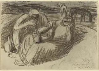 Italian Peasants with Wine Flasks, by Ernst Barlach, ink, 1909
