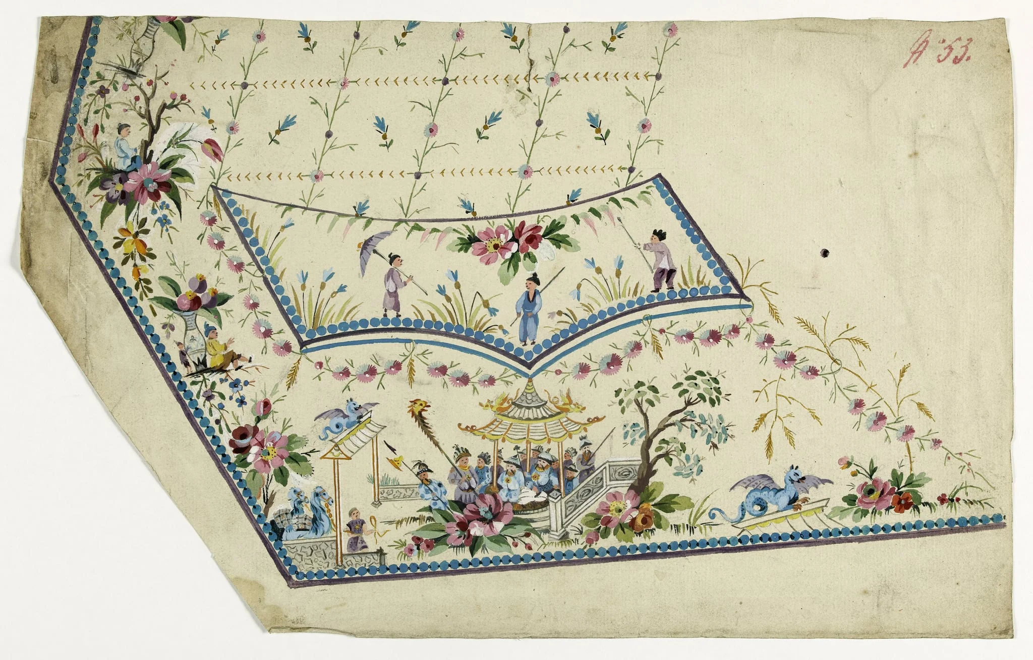 Gilet décor chinois sous une pagode, projets de broderies de gilet, XVIIIème siècle, detail