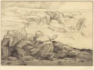 Small Boat in Peril (Barque en peril), by Alphonse Legros, ink, 1874