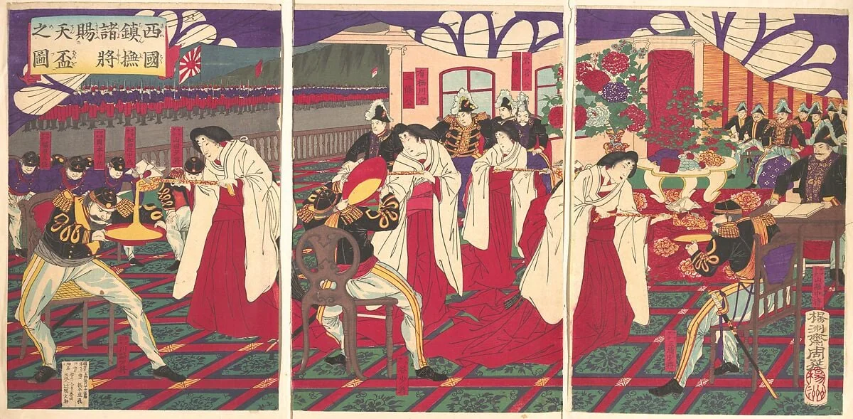 西国鎮静撫諸将天杯賜之図|Illustration of the Commanders who Pacified Western Japan, Receiving the Emperor's Gift Cups (Saigoku chinbu shoshō tenpai o tamau no zu), detail