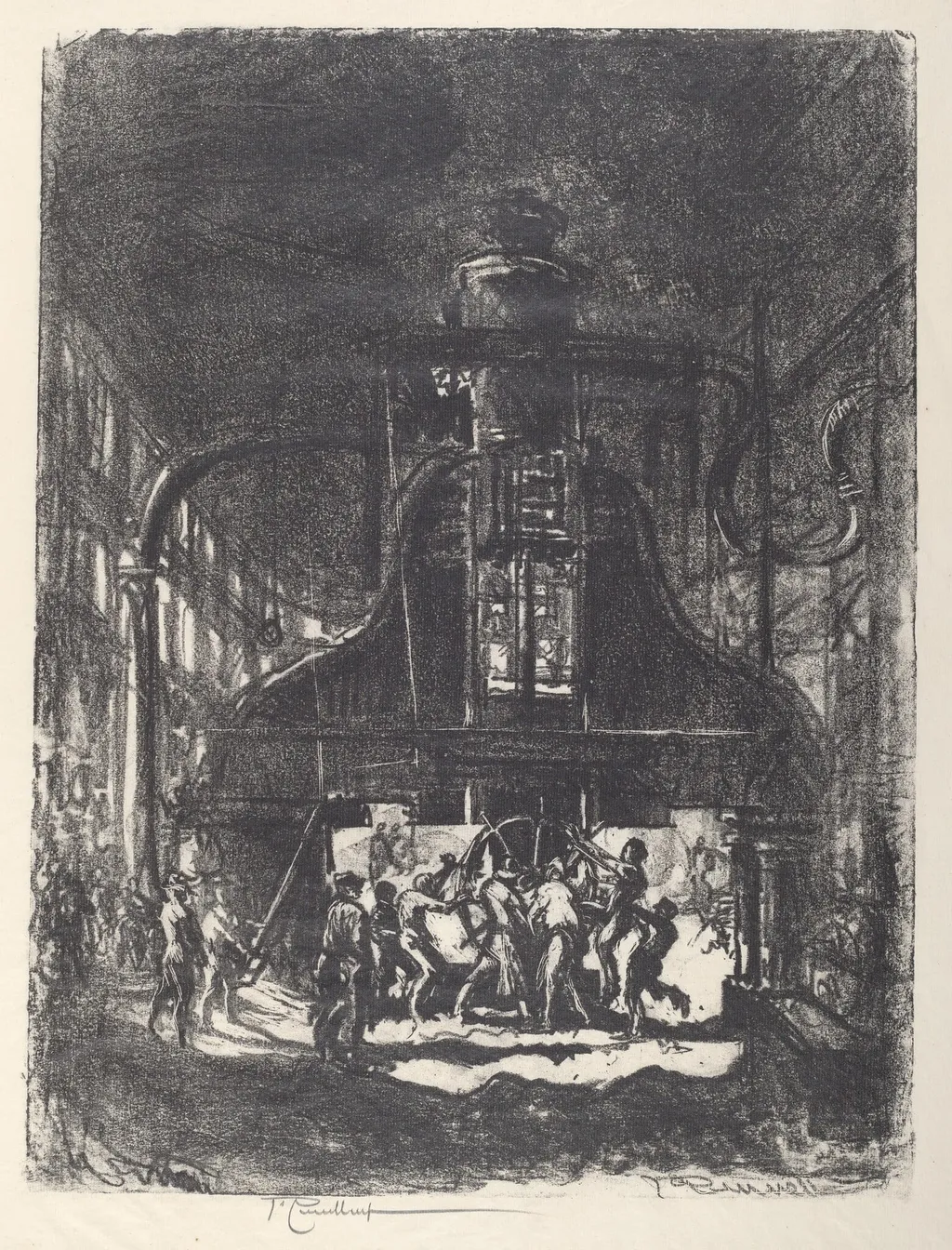 Forging Shells, The Slaves of the Wheel, by Joseph Pennell, ink, 1917