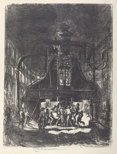 Forging Shells, The Slaves of the Wheel, by Joseph Pennell, ink, 1917