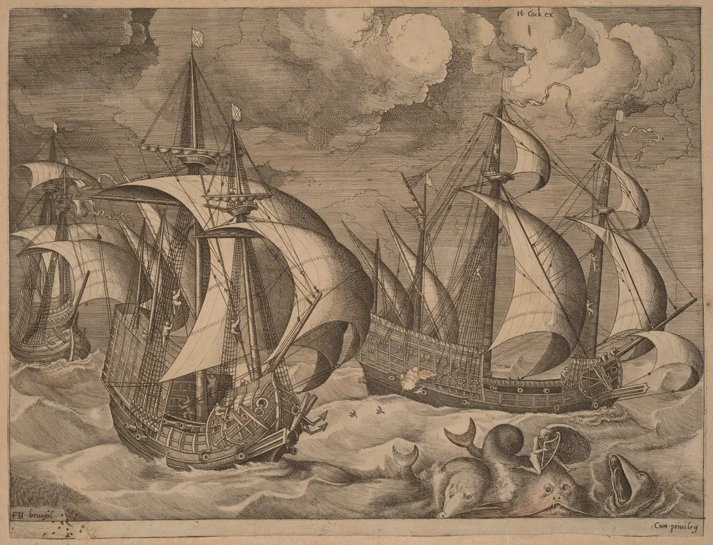 Three Caravels in a Rising Squall with Adrion on a Dolphin, by Frans Huys, ink
