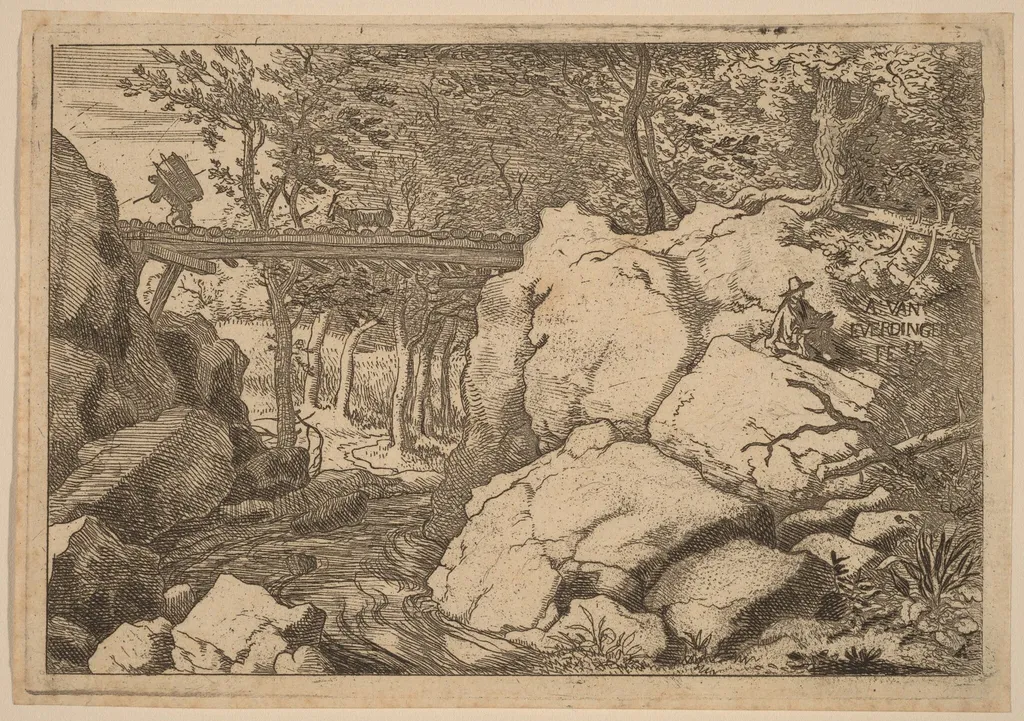 Goat on a small Bridge, by Allart van Everdingen, ink, 1650