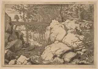 Goat on a small Bridge, by Allart van Everdingen, ink, 1650