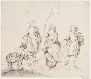 Two boys and a girl standing on a carpet., by John Vanderbank, 1750