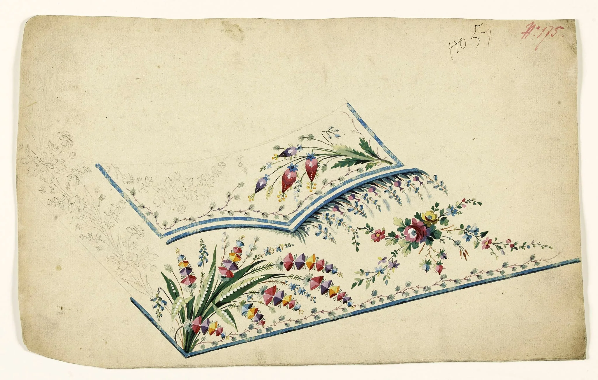 Composition en bouquets de fleurs et guirlandes de feuilles, projets de broderies de gilet, XVIIIème siècle, detail