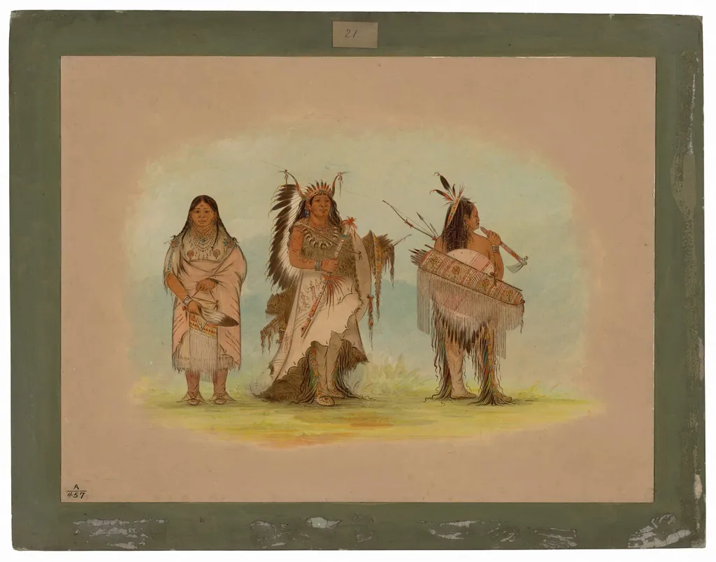 Omaha Chief, His Wife, and a Warrior, by George Catlin, oil, 1861