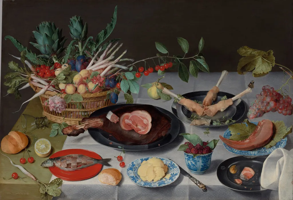 Still Life with Meat, Fish, Vegetables, and Fruit, by Jacob van Hulsdonck, oil, 1617