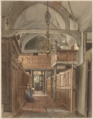 Interior of Bushey Church, by William Henry Hunt, ink, 1818