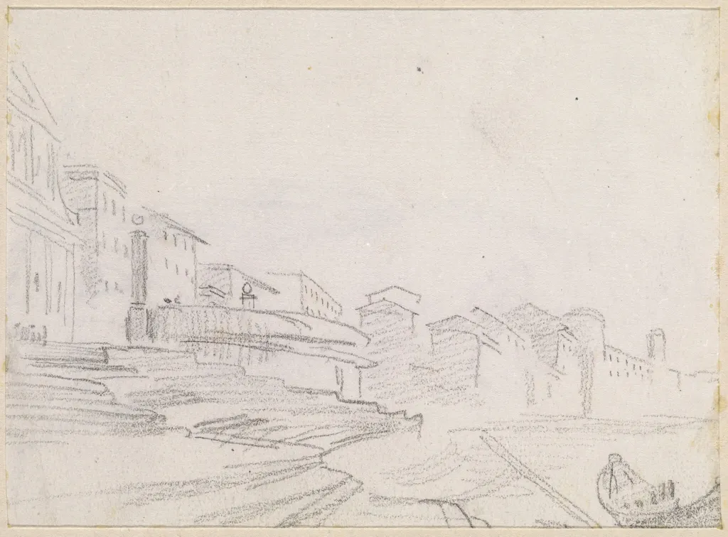 Buildings along a Riverside [verso], by Hubert Robert, chalk, 1760