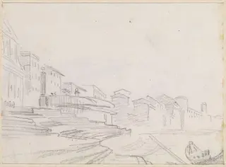 Buildings along a Riverside [verso], by Hubert Robert, chalk, 1760