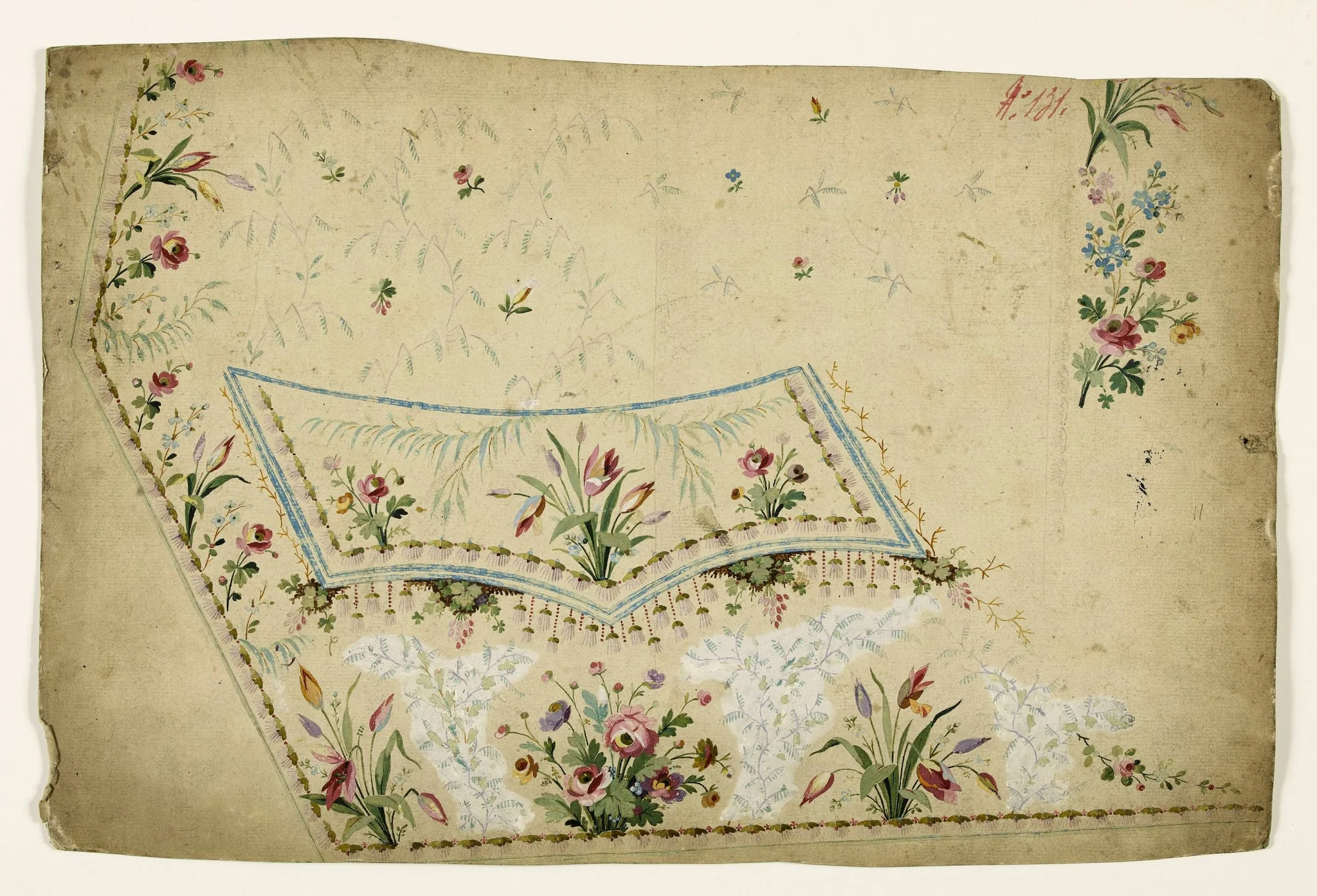 Composition avec bouquets de fleurs, frises de grappes et clochettes stylisées, projets de broderies de gilet, XVIIIème siècle, detail
