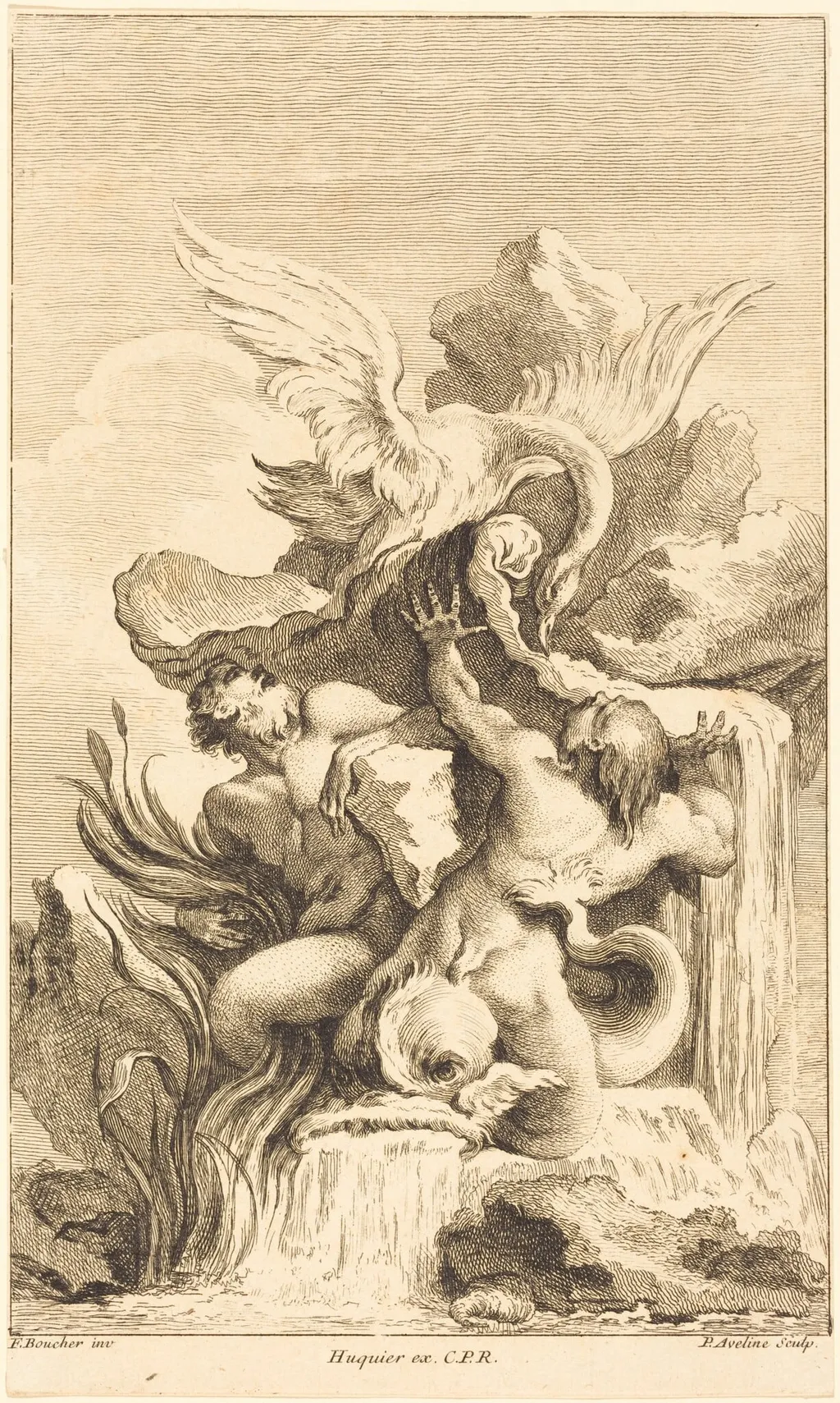 Two Tritons and a Swan, by Pierre-Alexandre Aveline, ink, 1736