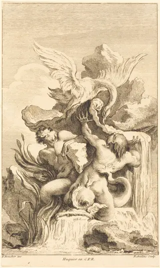 Two Tritons and a Swan, by Pierre-Alexandre Aveline, ink, 1736
