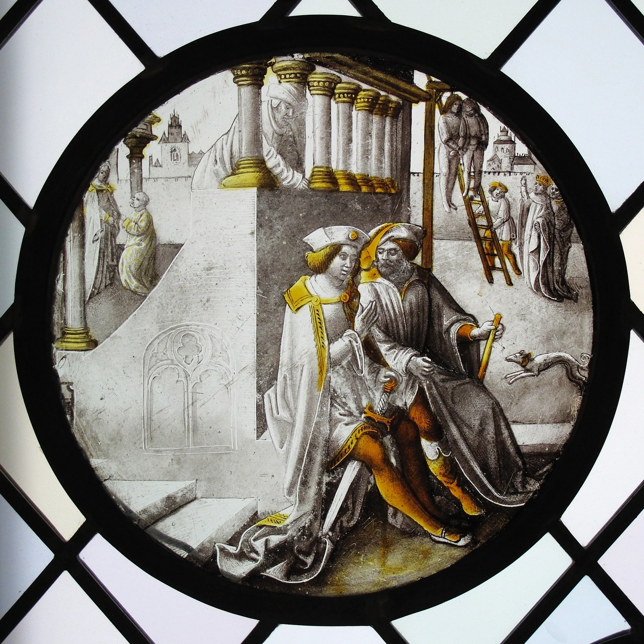 Roundel with Mordecai Overhearing the Conspirators, detail