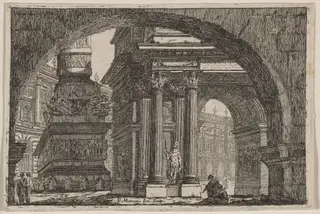 Ancient Forum Seen Beneath an Arch, by Pierre Moreau, ink, 1750