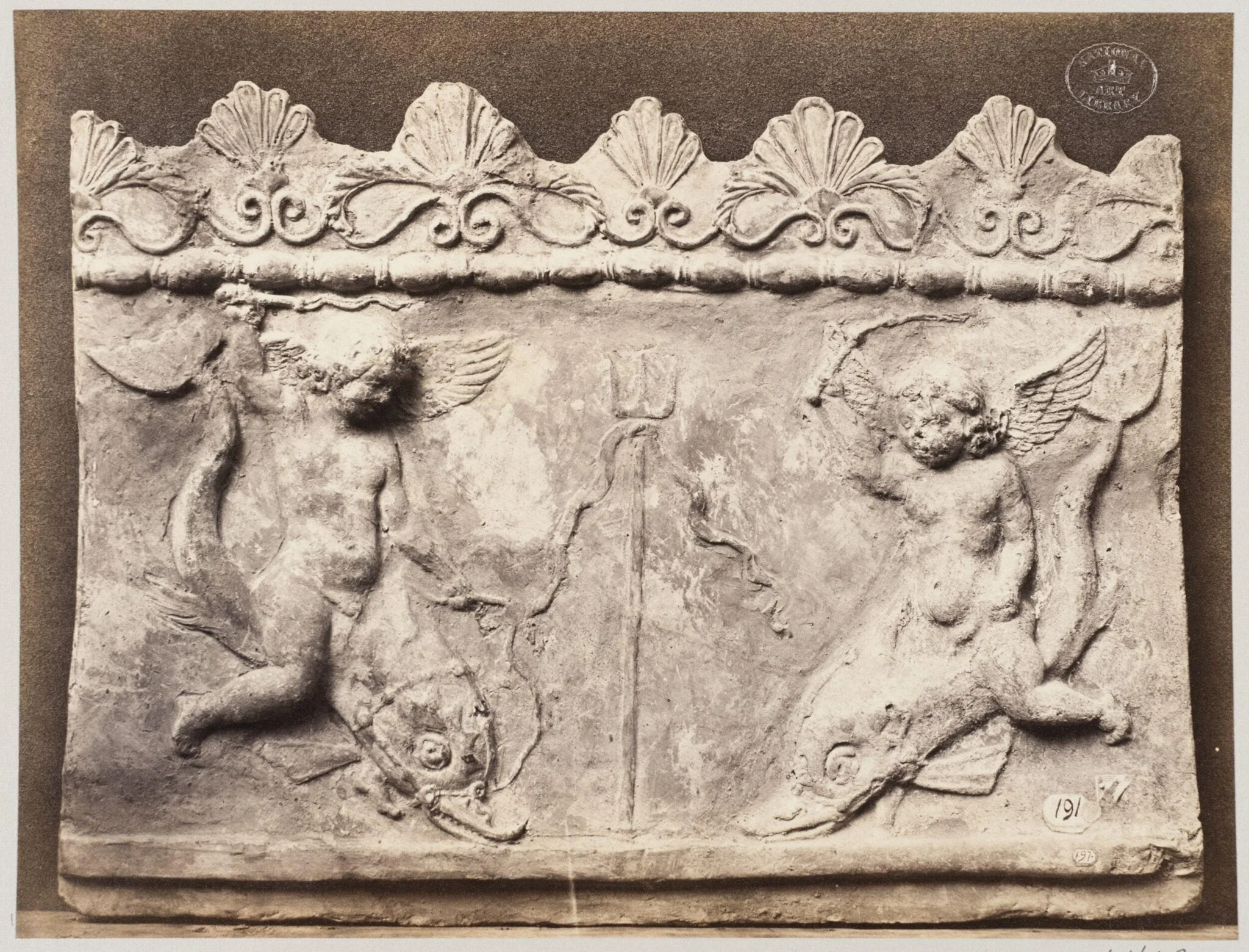 Bas-relief of two figures of Neptune in terra cotta, detail