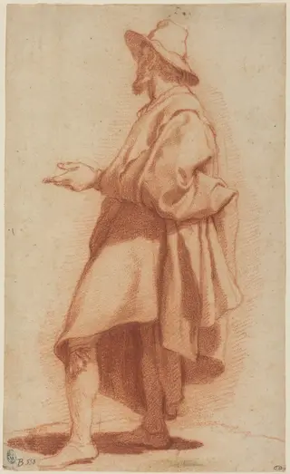 Standing Man Wearing a Cloak and Hat, by Matteo Rosselli, chalk, 1602