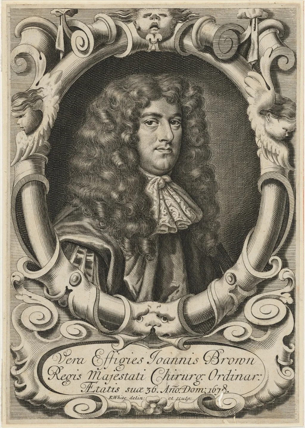 Dr. John Browne, Surgeon, by Robert White, ink, 1678