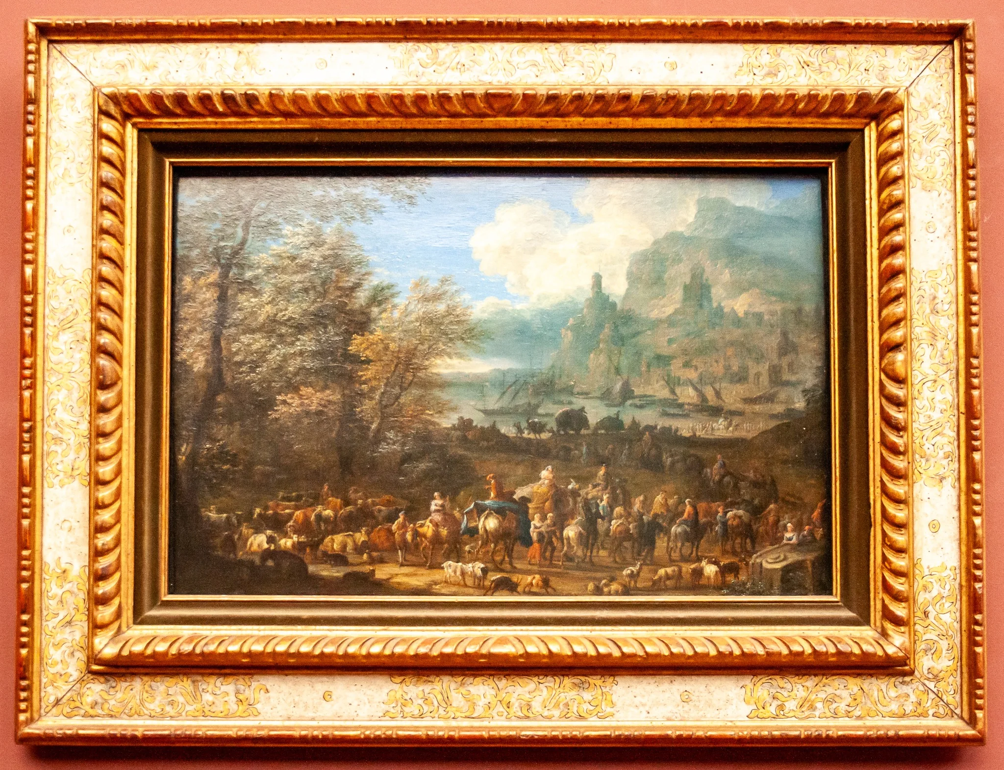 Landschap met figuren bij een inham aan de zee, detail