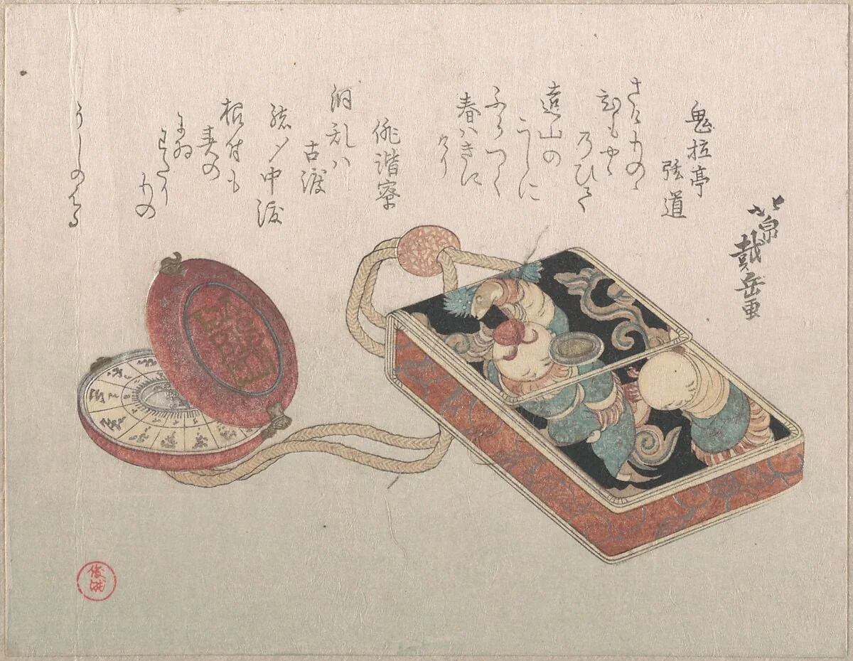 胴乱印籠と懐中時計根付『春雨集』 摺物帖|Dōran (Square Leather Box Used as an Inrō) with a Watch as a NetsukeFrom the Spring Rain Collection (Harusame shū), vol. 3, detail