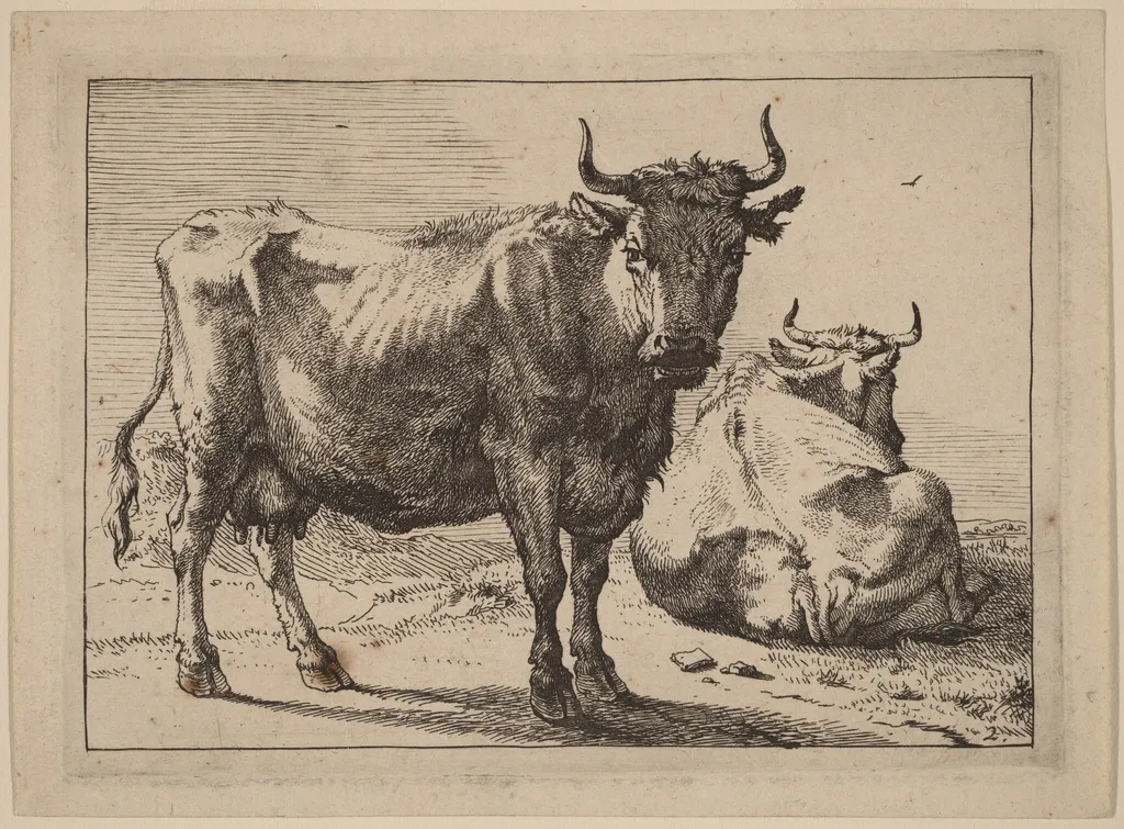 A Cow Standing and Another Lying Down, by Paulus Potter, ink, 1650