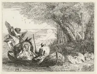 The Holy Family Being Ferried Across the River, by Giovanni Domenico Tiepolo, ink, 1753