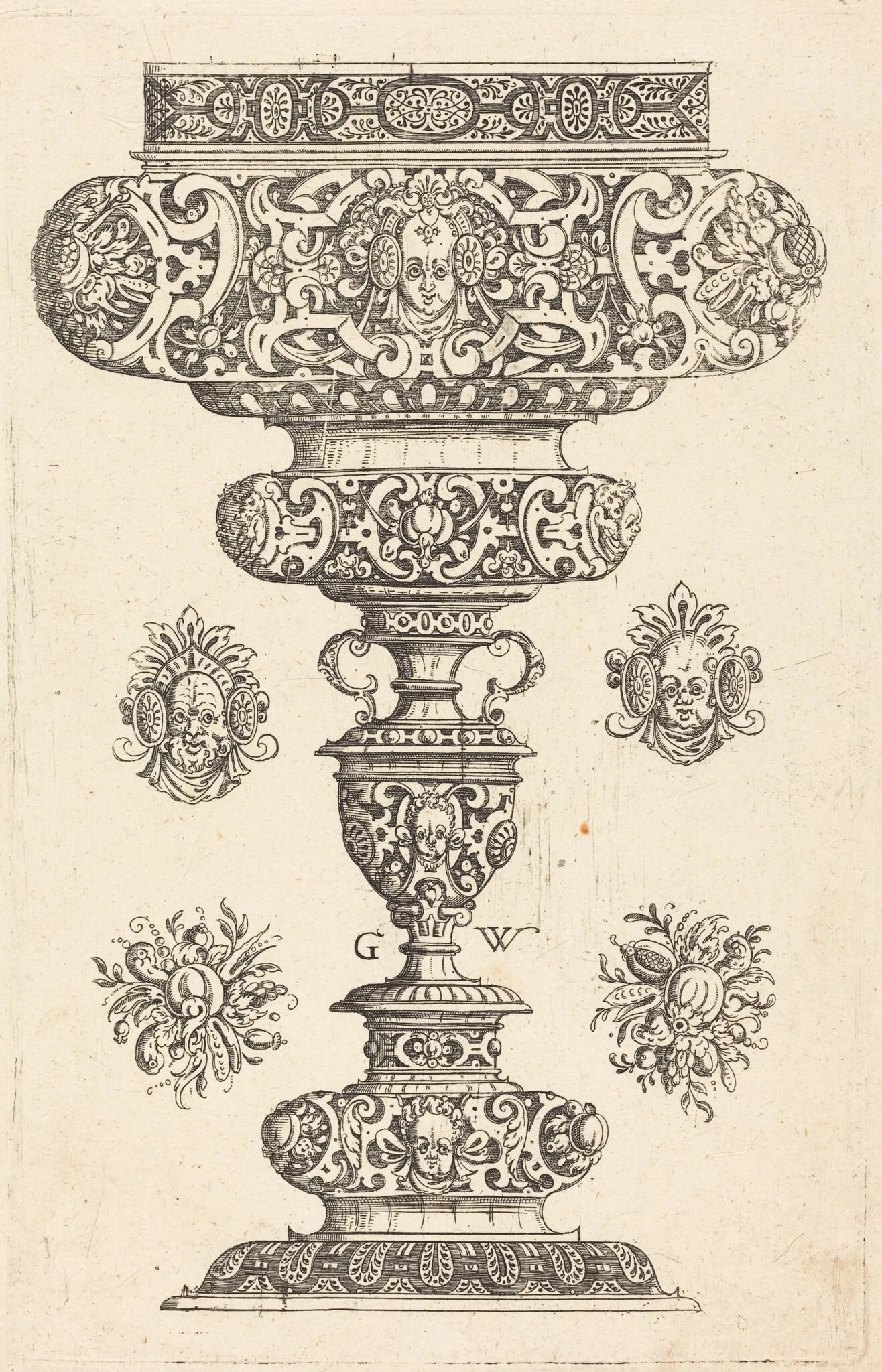 Goblet, rim decorated with masque and bouquet of fruit, detail